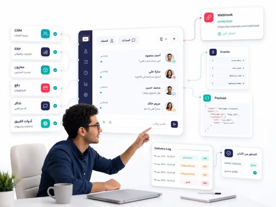 لوحة تكاملات Taloo تعرض CRM وERP ومخزون ودفع وتذاكر وأدوات الفريق مع Webhook وEvents وPayload